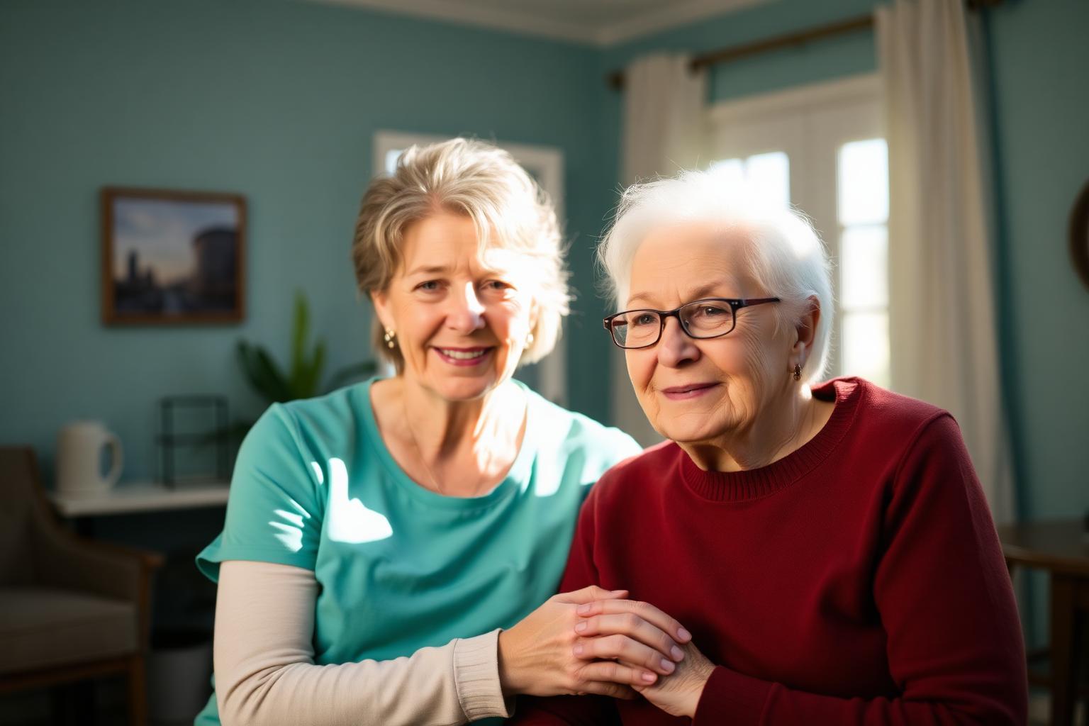Caregiver and senior resident together in a warm assisted living home
